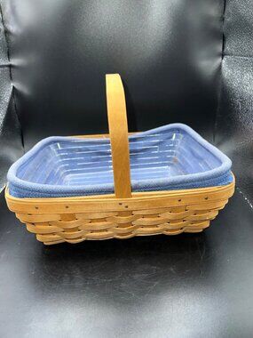 Longaberger Basket Blue Fabric Liner Plastic Protector Vintage Handmade 2003 sig
